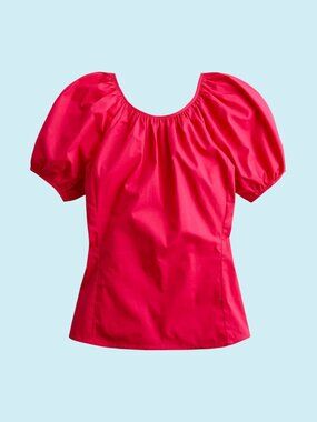 J. Crew Puff Sleeve Top Size 18 Pink Hibiscus Cotton Poplin V-Back Stretch